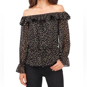 NWT Vince Camuto Black Metallic Foil Ruffled Off Shoulder Blouse Size XXL